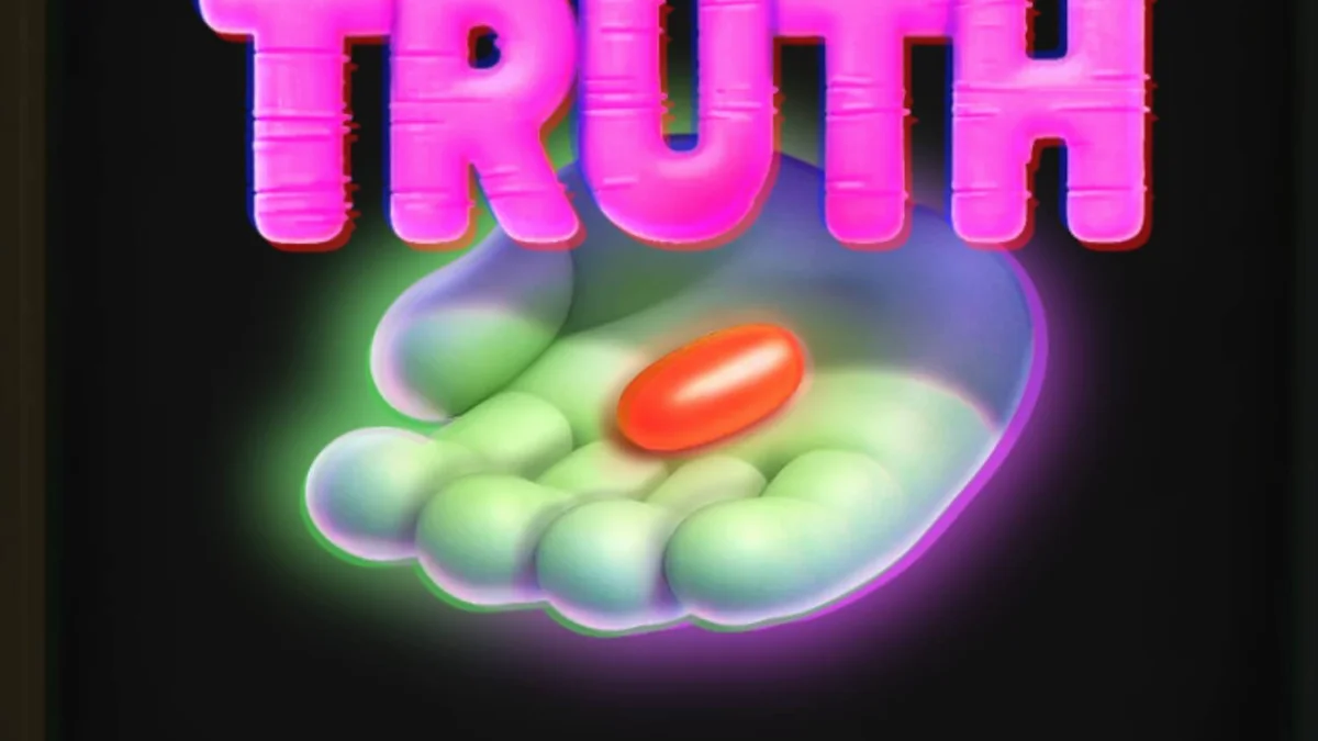 Tampilan layar mesin slot Truth dengan tema konspirasi retro dan monitor komputer tua.