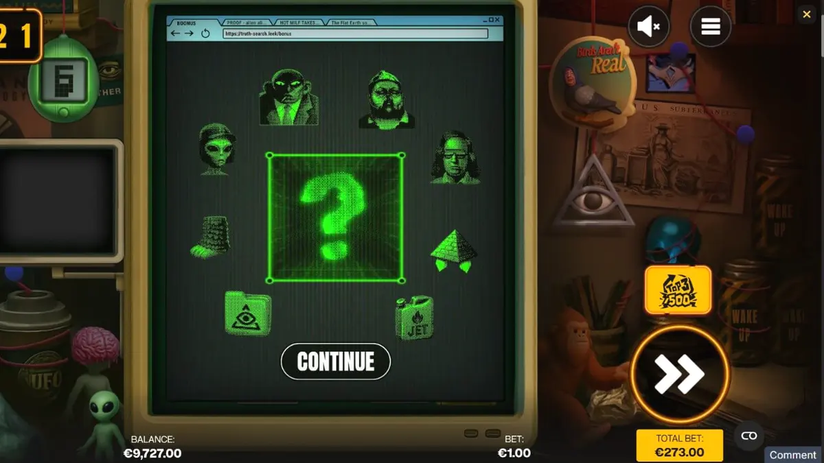 Tampilan layar permainan slot Truth dengan tema bunker konspirasi retro