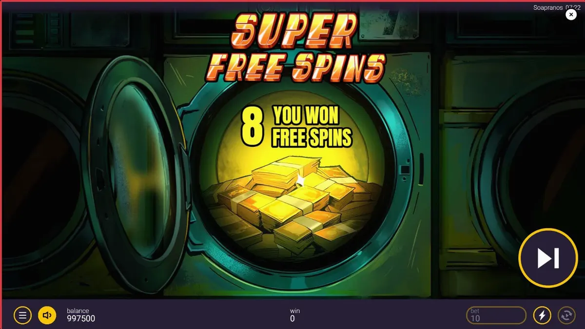 The Soapranos slot machine interface showing mafia-themed laundry symbols